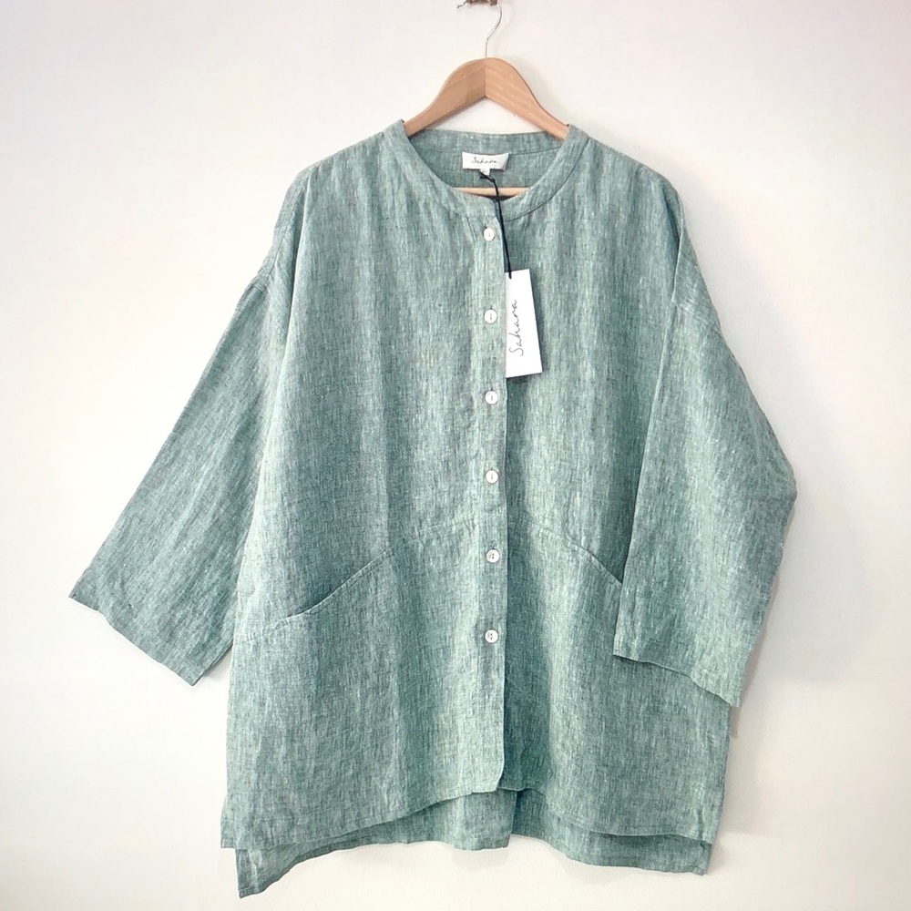 Sahara Relaxed Button-Front Linen Blouse in Seafoam Green
